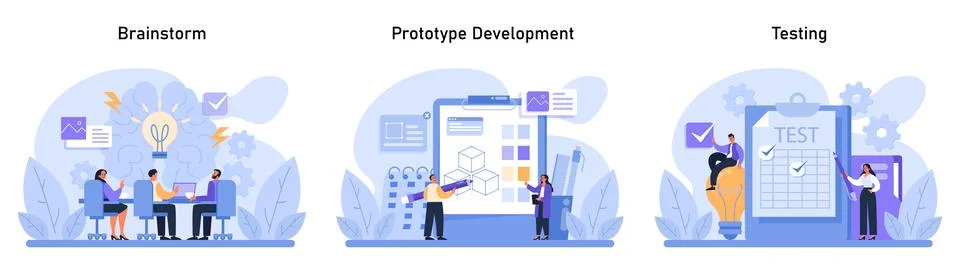 Design Thinking set. Collaboration in brainstorming, prototype Stock Illustration