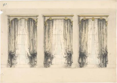 Design for Three Sets of Gray Curtains , with Gray and Gold Pediments early.. Stock Photos