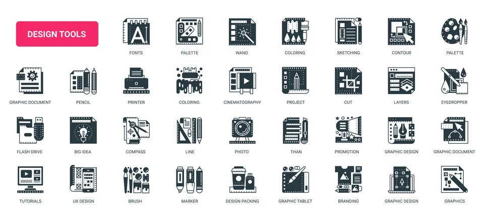 Design Tools Creative Software and Art Symbols icons set Illustrazione stock