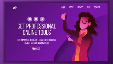 Design Tools Landing Page Vector. Woman. Main Website Page Design. Modern Style Stock Illustration