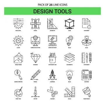 Design Tools Line Icon Set - 25 Dashed Outline Style Stock Illustration