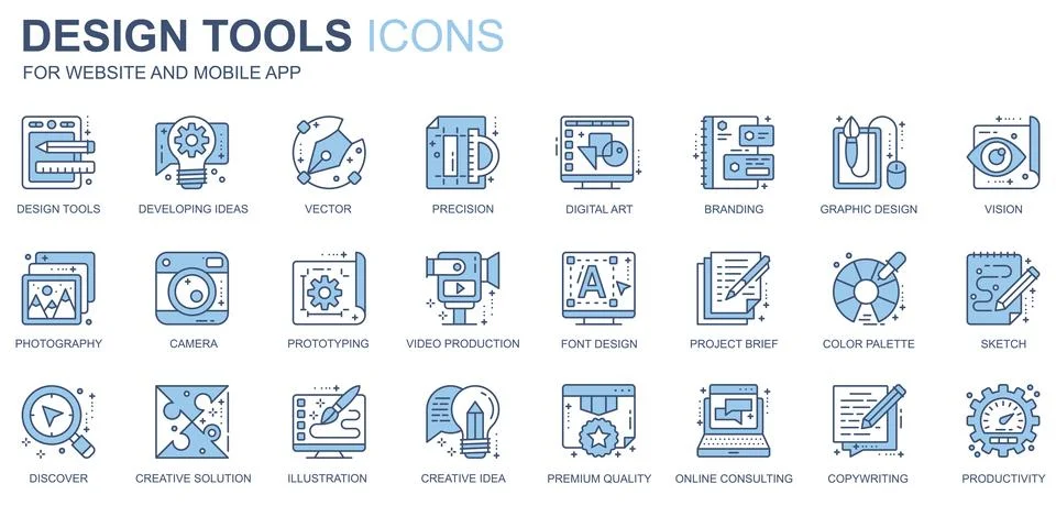 Design tools web icons set in duotone line design. Pack of idea, precision, d Illustration