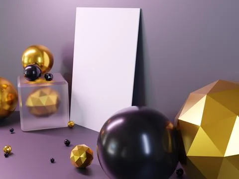 Design with a translucent cube &amp; bright balls of gold and black colors Stock Illustration