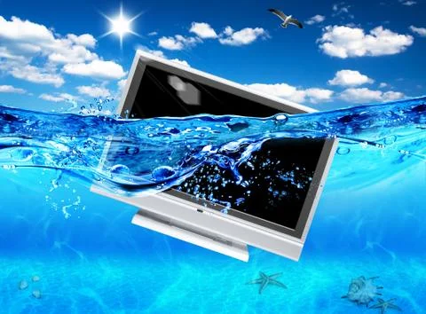 Design of tv in sea. ecological electronics. Stock Illustration