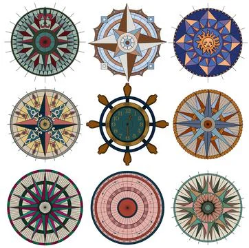 Design vector set with colorful old compasses 库存插图