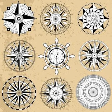 Design vector set with line art old compasses 库存插图