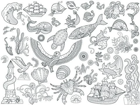 Design vector set with line art doodle illustrations Stock Illustration