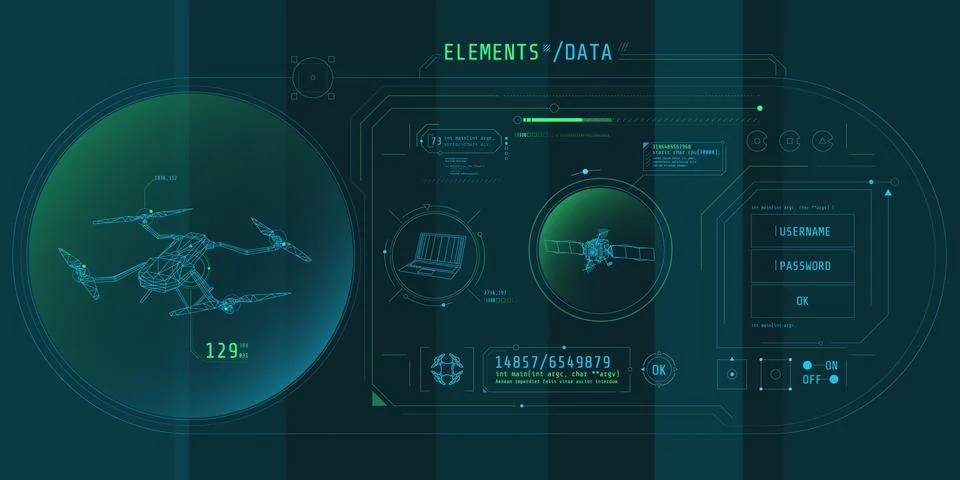 Design of the virtual interface of the drone protection program. Stock Illustration