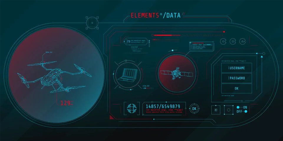 Design of the virtual interface of the drone protection program. Stock Illustration