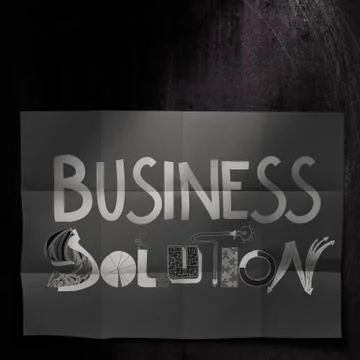 Design word business solution on dark crumpled paper and texture background a Illustrazione stock