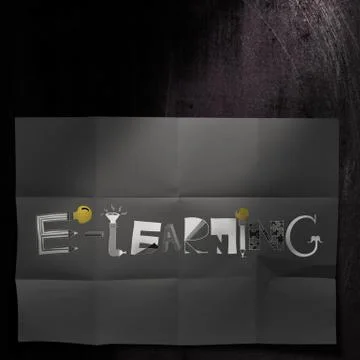 Design word e-learning on dark crumpled paper and texture background as conce Illustrazione stock