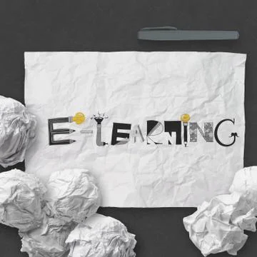 Design word e-learning on dark crumpled paper and texture background as conce Stock Illustration
