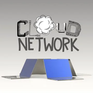 Design word hand drawn cloud network and 3d laptop as concept Illustrazione stock