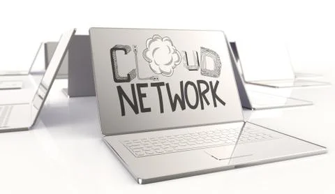 Design word hand drawn cloud network and 3d laptop computer as concept 스톡 일러스트
