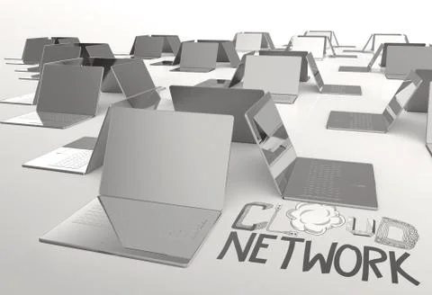 Design word hand drawn cloud network and 3d laptop computer as concept イラスト素材