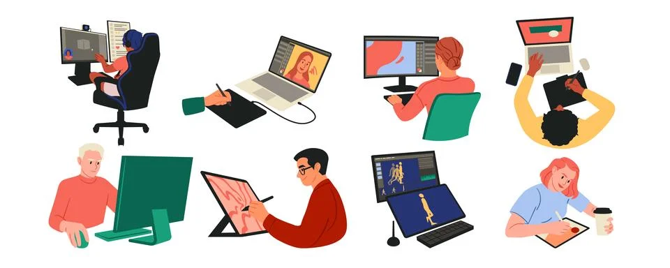 Design work. Web art. Creative artist. Modern freelancer. Digital drawing Illustrazione stock