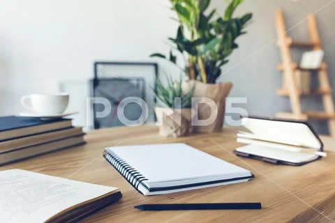 Design of workplace in home office with modern equipment and objects Stock-Fotos