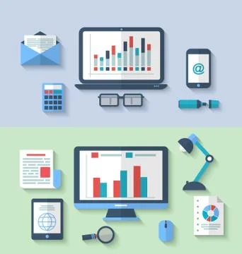 Designed banners with flat icon of modern designer desktop, application wit.. Stock Illustration