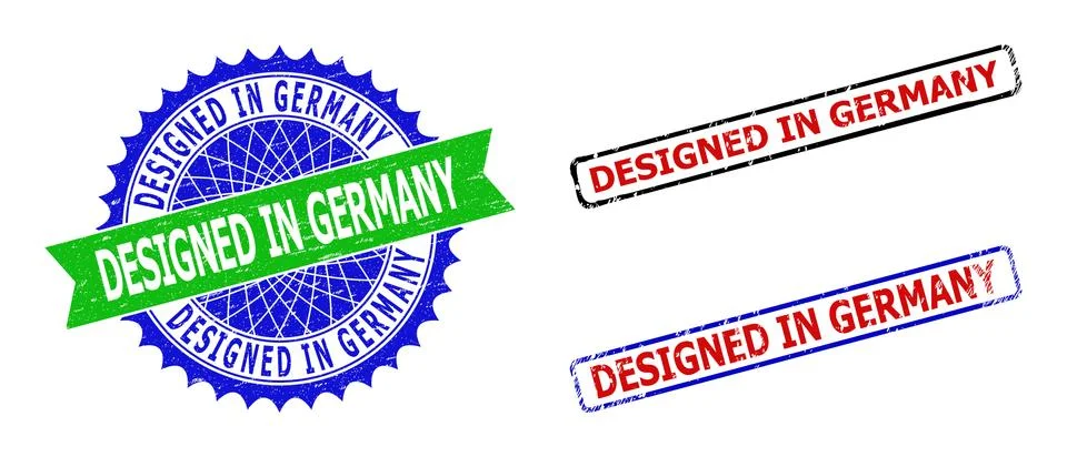 DESIGNED IN GERMANY Rosette and Rectangle Bicolor Stamps with Rubber Surfaces Stock Illustration