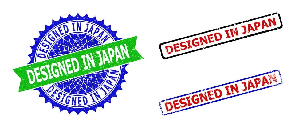 DESIGNED IN JAPAN Rosette and Rectangle Bicolor Watermarks with Corroded Stock Illustration
