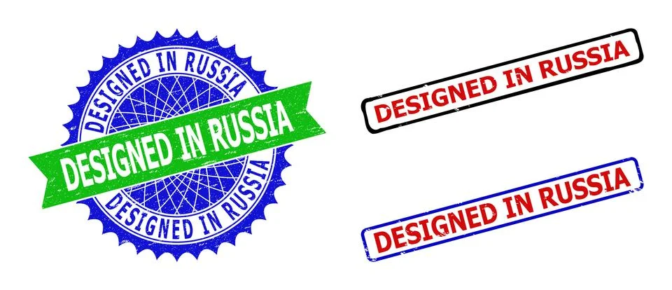 DESIGNED IN RUSSIA Rosette and Rectangle Bicolor Stamps with Scratched Textures 스톡 일러스트
