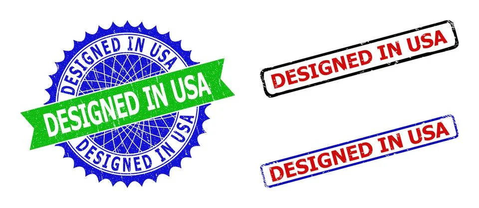 DESIGNED IN USA Rosette and Rectangle Bicolor Stamp Seals with Corroded Surfaces Stock Illustration