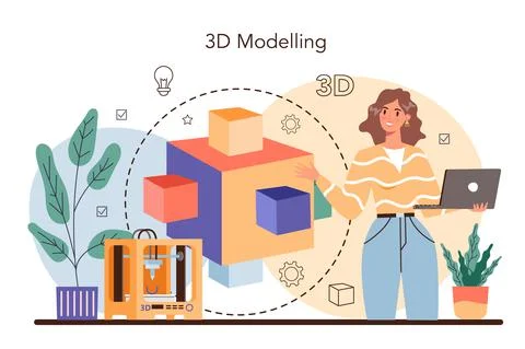 Designer 3D modeling concept. Digital drawing with electronic tools Stock Illustration