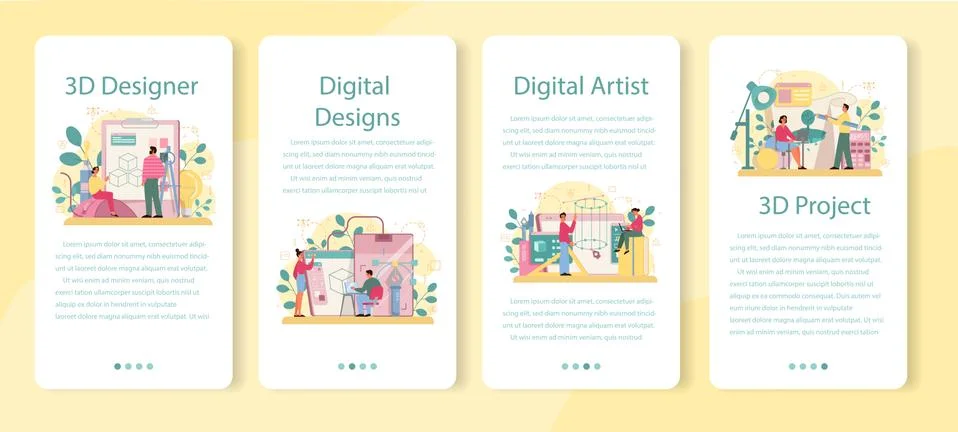 Designer 3D modeling mobile application banner set. Digital drawing Illustrazione stock