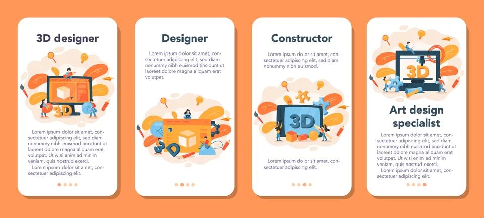 Designer 3D modeling mobile application banner set. Digital drawing Illustrazione stock