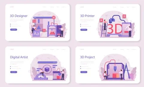 Designer 3D modeling web banner or landing page set. Digital drawing 스톡 일러스트