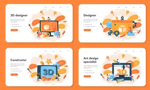 Designer 3D modeling web banner or landing page set. Digital drawing Illustrazione stock