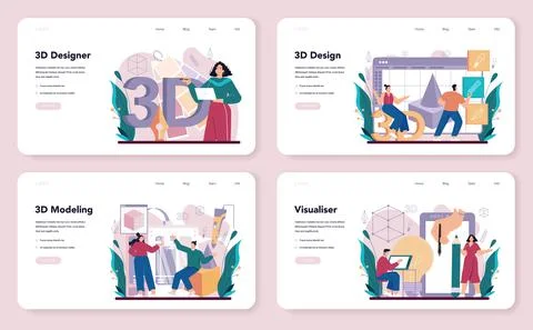 Designer 3D web banner or landing page set. Digital drawing Stock Illustration