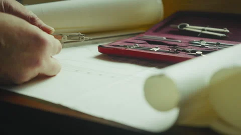 Designer Adjusts Drawing Compass then Stores Tool, Precision Workflow Close Up Stock Footage 334360058