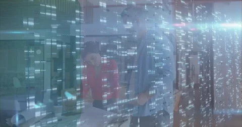 Designer and architect examining blueprints in office, overlaying digital code Stock Footage 329924607