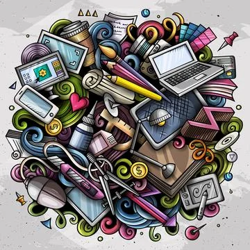 Designer and developer workspace cartoon doodle illustration Stock Illustration