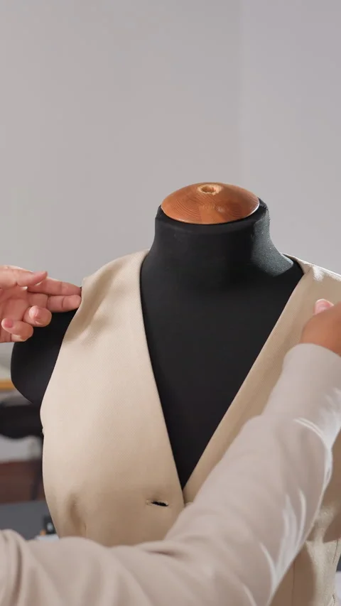 Designer checks vest alignment carefully, Artisan inspects sewing details on Видео 326931948