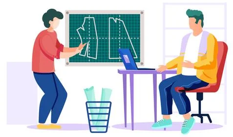 The designer communicates with the customer about new clothes. A man chooses a Stock Illustration