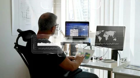 Designer comparing prints as laptop showing 3D model AR panels expanding near Stock Footage 335761852