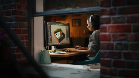 Designer Creating 3D Environment For Video Game Stock Footage 197421870