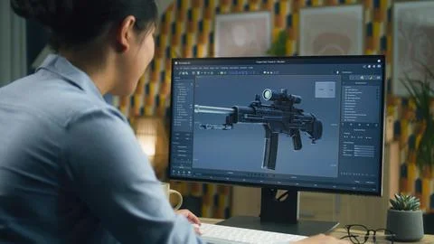 Designer creating 3D prototype of rifle Stockfoto's