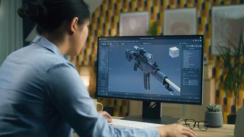 Designer creating 3D prototype of rifle Foto stock