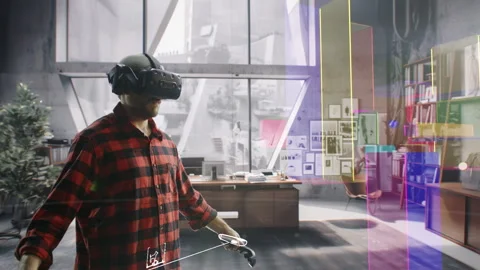 Designer Creating Abstract Architectural Forms with Building Blocks in VR Vídeos de archivo 284955179