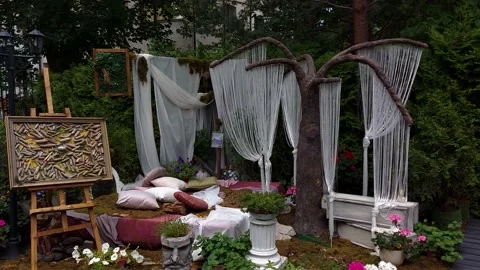 A designer designed wedding bed for a photo shoot of newlyweds 库存影片 201151323