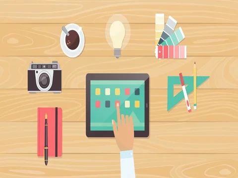 Designer desktop with tablet, apps and tools Stock Footage 75744050
