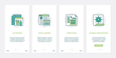 Designer developer portfolio service UX, UI onboarding mobile app page screen Stock Illustration