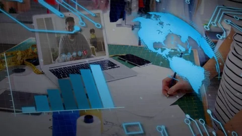 Designer drawing pattern at table laptop peer joining globe and chart guiding Video stock 334744499