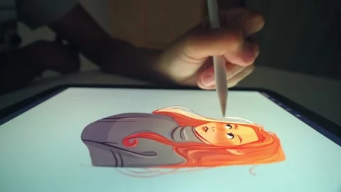 Designer drawing picture close up. Digital artist sketch tablet. Stylus ipad pen Stock Footage 238498715
