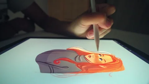 Designer drawing picture close up. Digital artist sketch tablet. Stylus ipad pen Stock Footage 241769092
