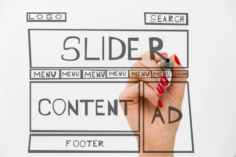Designer drawing website development wire frame. Structure of web page. Web d Stock Photos