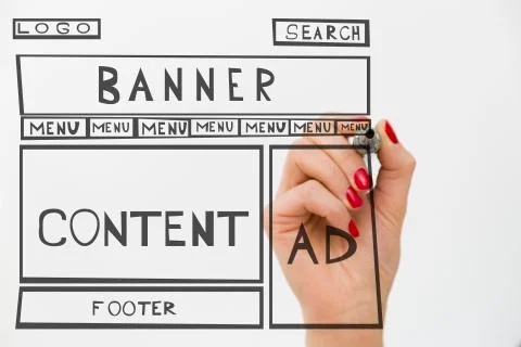 Designer drawing website development wire frame. Structure of web page. Web d Stock Photos